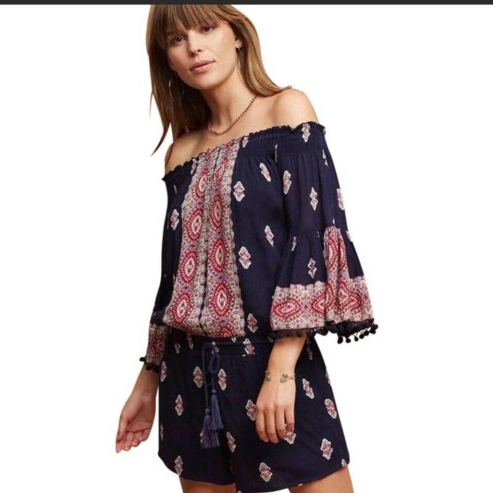 Anthropologie Off the Shoulder Pom Pom Sleeved Romper